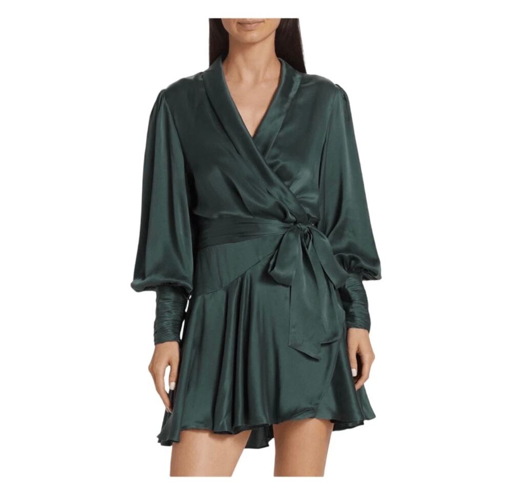 Zimmermann Silk Luxury Green Balloon Sleeve Wedding Guest Event Wrap Dress 1